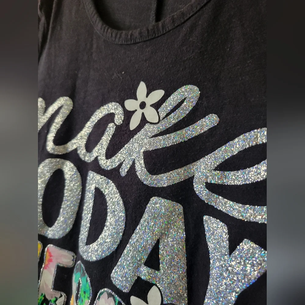 Justice Black Graphic Tee Floral And Glitter Print Tee Top 10